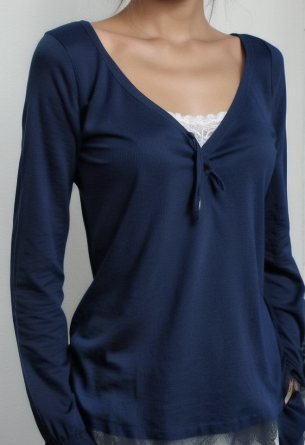 Lace Splice Ruched Breasted Long Sleeve Tee