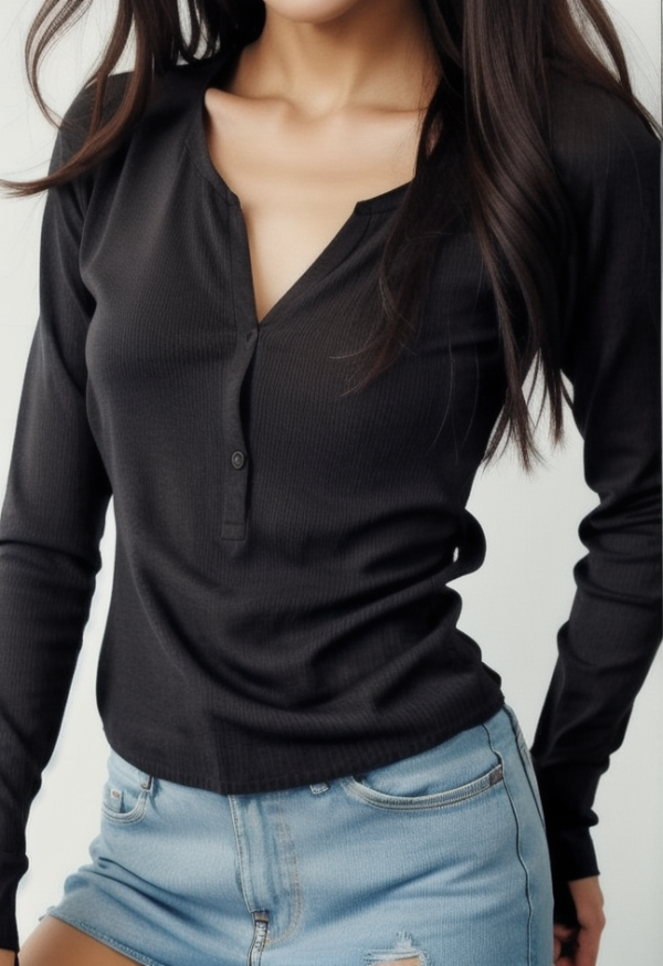 Bell Sleeve Plain Ribbed-Knit Slim-Fit Crop Shirt