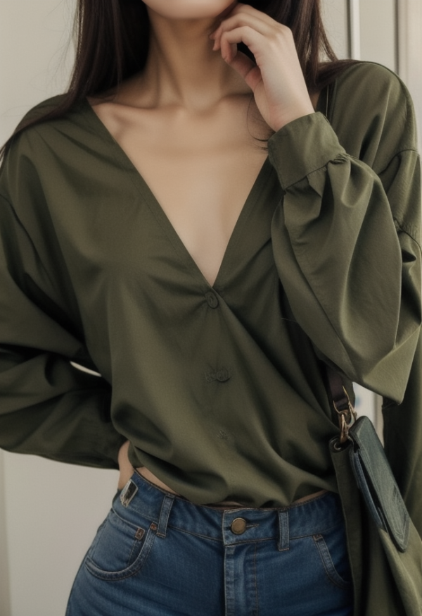 Solid Crossover Ruched Lantern Sleeve Long Sleeve Tee