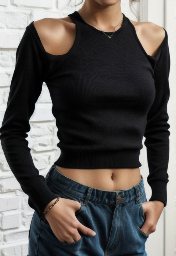 Cold Shoulder Cutout Cropped Long Sleeve Tee