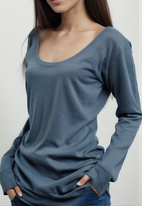 Contrast Color Breasted U Neck Long Sleeve Tee