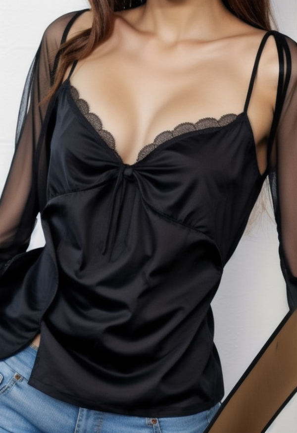 Lace Splice Cami Mesh Smock Two Piece Long Sleeve Tee