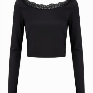 Off Shoulder Lace Splice Bow Decor Long Sleeve Tee