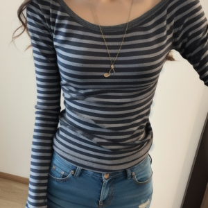 Striped Print Square Neck Slim Long Sleeve Tee