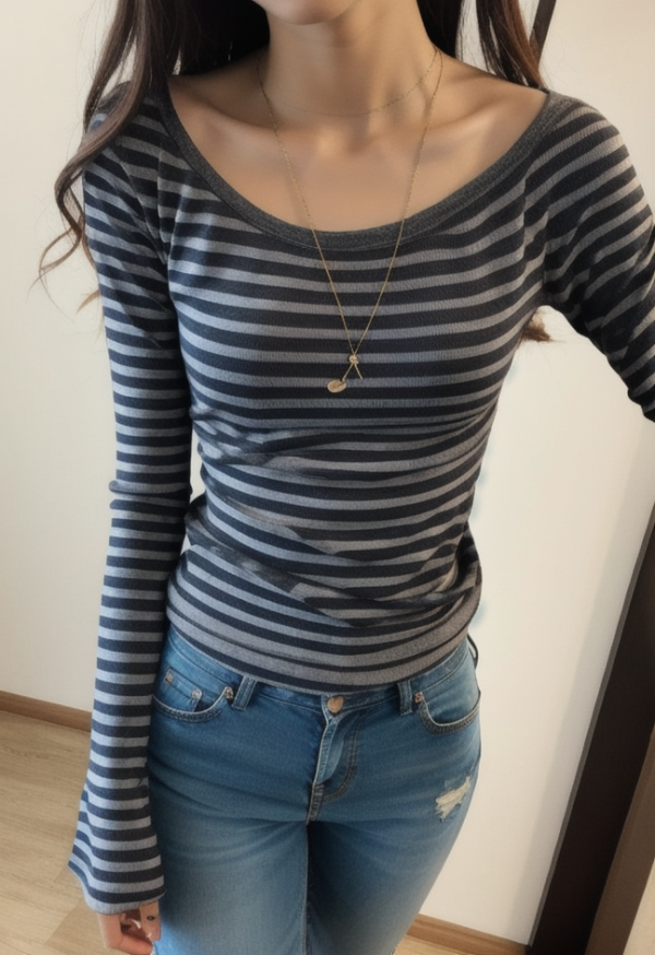 Striped Print Square Neck Slim Long Sleeve Tee