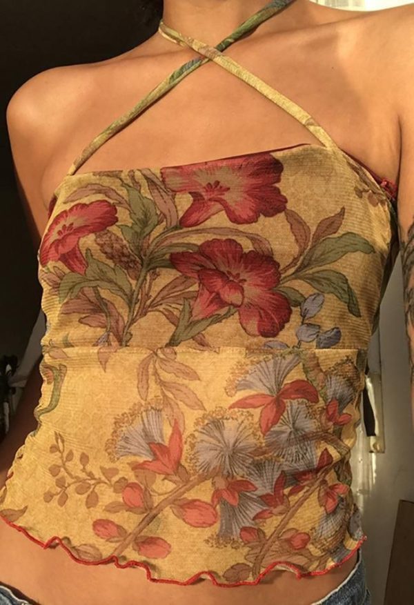Halter Mesh Floral Crop Cami Top